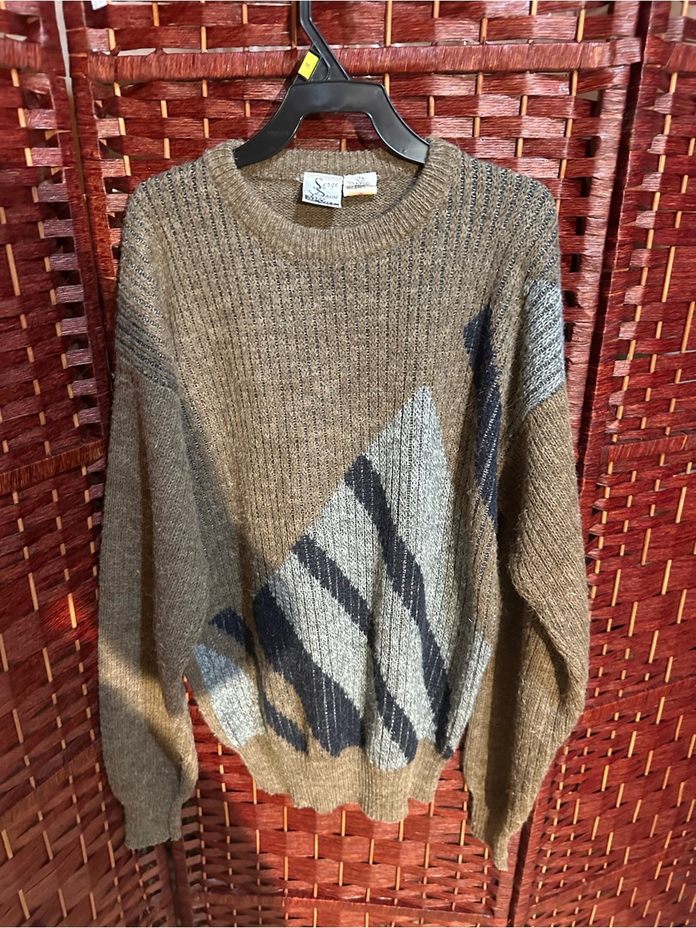 Vintage WOOL Blend Crewneck Sweater with Navy and Light Gray Geometric Panels